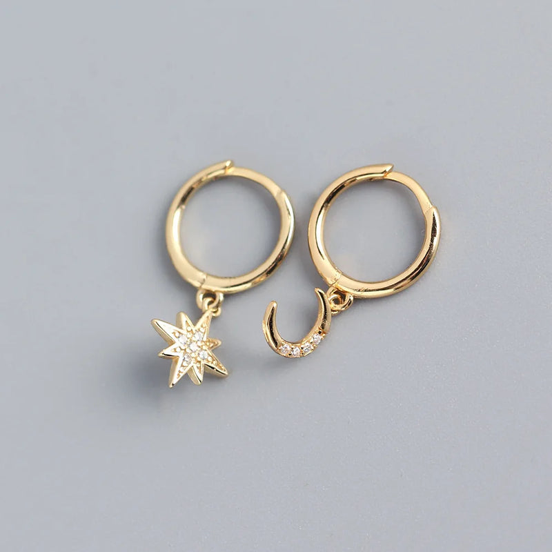 925 Silver Crystal Moon Star Hoop Earrings for Women