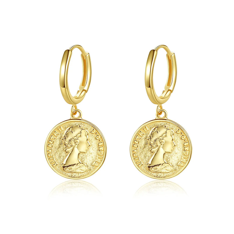 925 Silver Queen Elizabeth Coin Dangle Earrings Vintage Plated Jewelry
