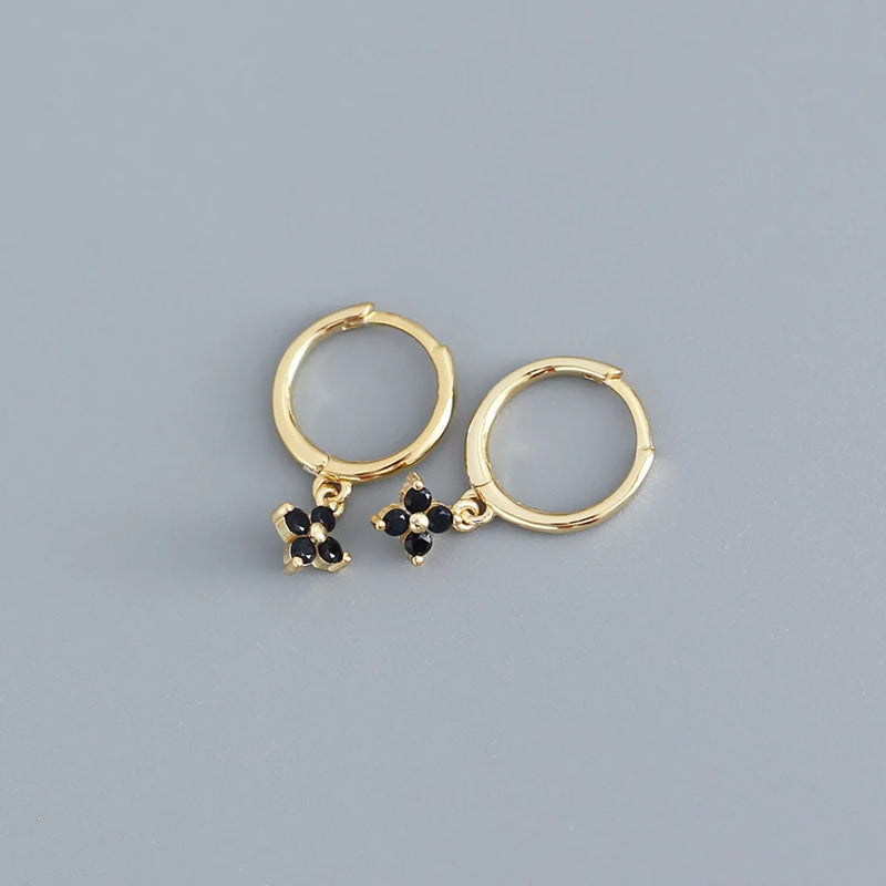 925 Silver Small Hoop Earrings Gunmetal CZ Crystals Charms Drops