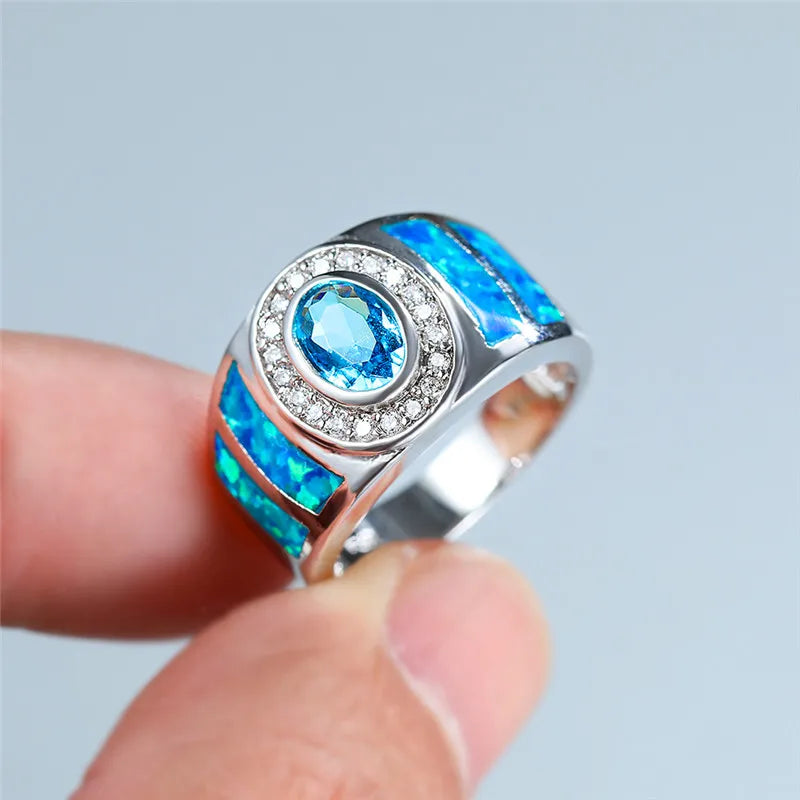 Vintage Opal Silver Wedding Rings For Women Oval Big Engagement Ring