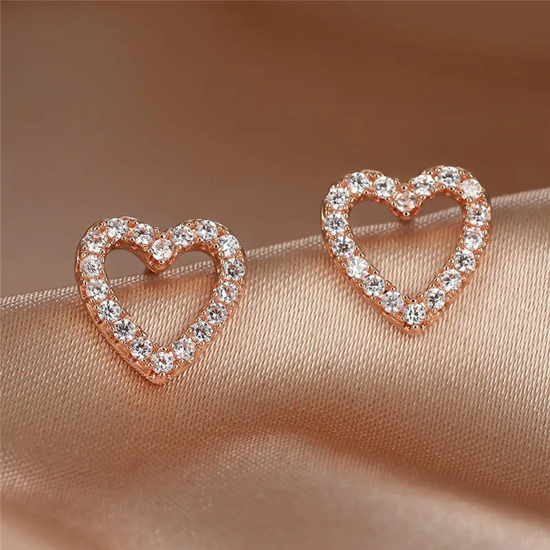 Crystal Heart Earrings Rose Silver Stud Wedding