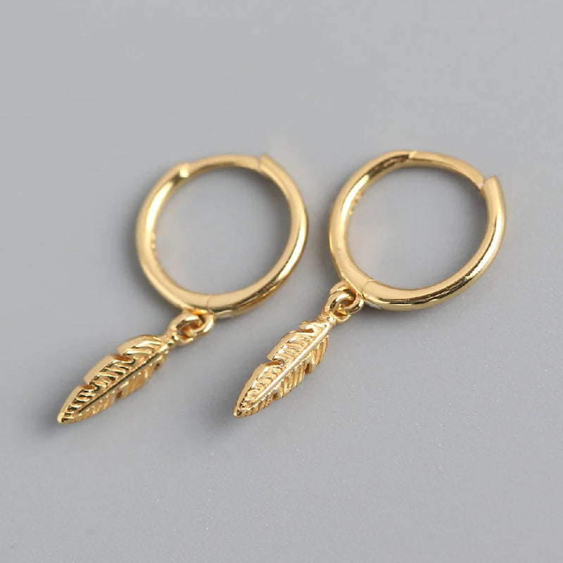 925 Silver Leaves Feather Drops Hoop Earrings for Women Birthday Gift