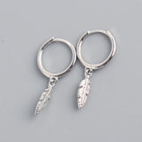 925 Silver Leaves Feather Drops Hoop Earrings for Women Birthday Gift