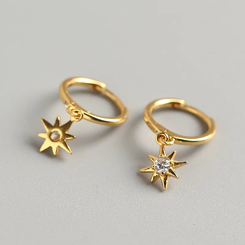 925 Silver Star Charms Hoop Earrings with Sparkly Crystals Zircon Stones