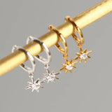 925 Silver Star Charms Hoop Earrings with Sparkly Crystals Zircon Stones