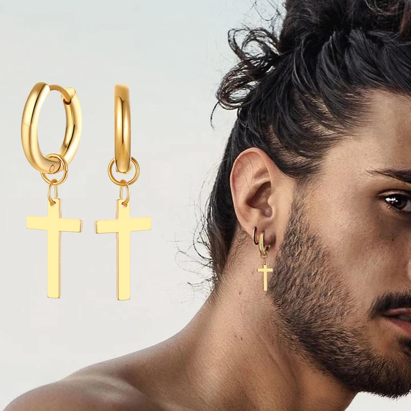 Cross Charm Huggie Hoop Earrings for Men Women