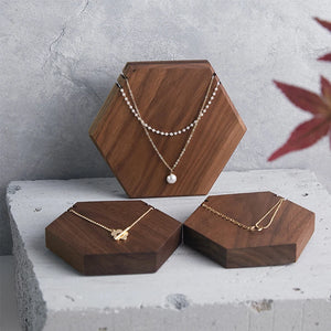 Natural Walnut Wood Necklace Display Stand Geometric Hexagon Jewelry