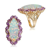 Dainty Oval Fire Opal Rings for Women, Flower Vine Purple CZ Crystal Ring