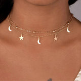 Moon Star Necklace Double Layer Beads Tassel Choker