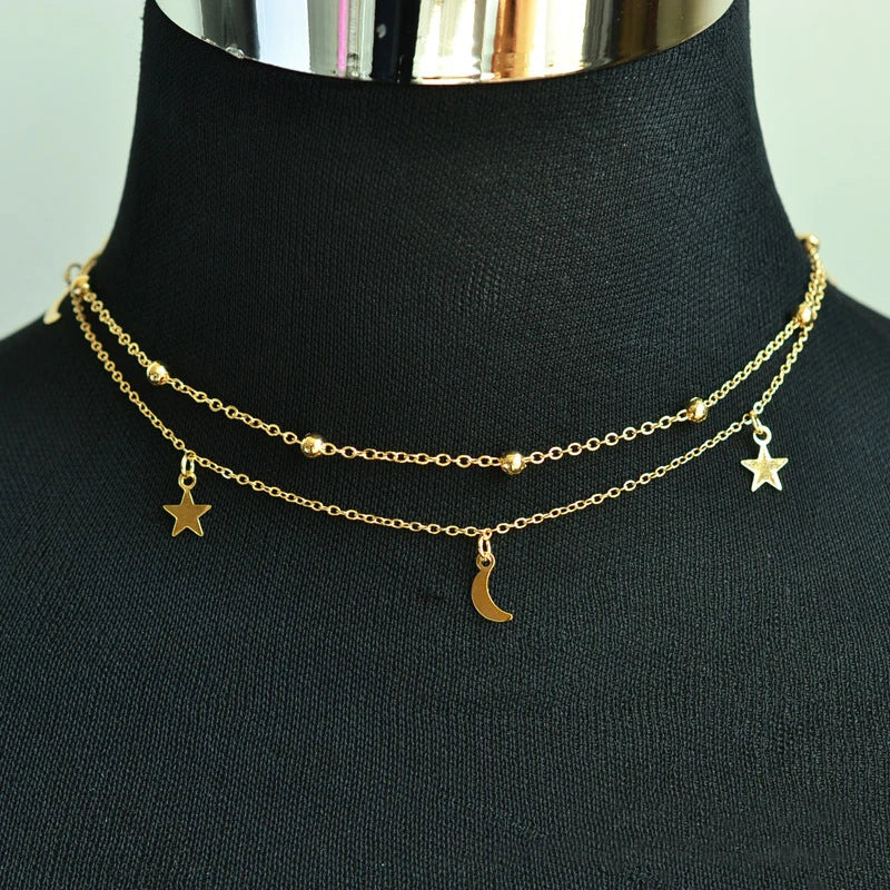 Moon Star Necklace Double Layer Beads Tassel Choker