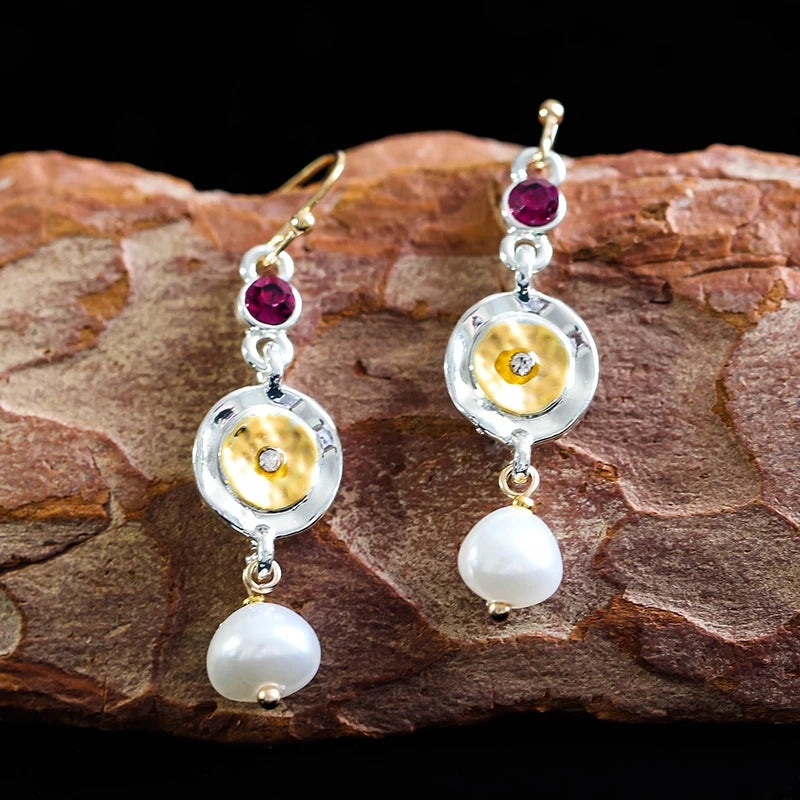Vintage Two-Tone Pearl Earrings Bohemian Brincos Jewelry O4D288