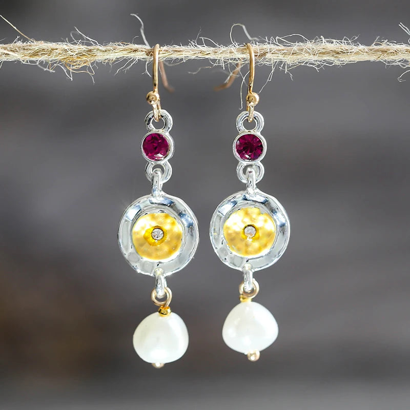 Vintage Two-Tone Pearl Earrings Bohemian Brincos Jewelry O4D288