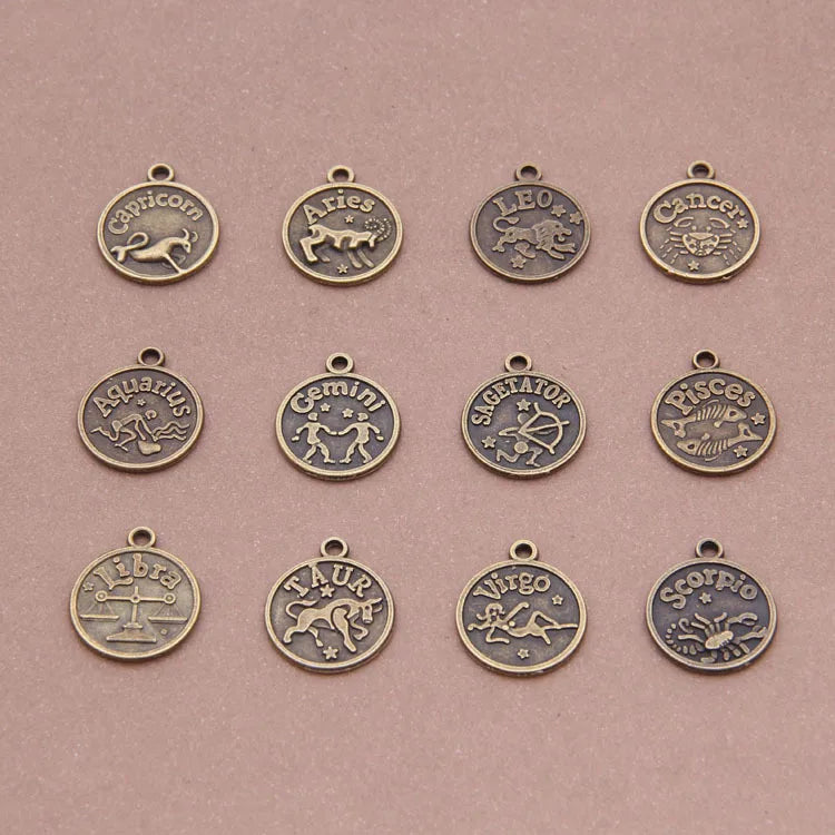Vintage Bronze Twelve Constellations Zodiac Charms, 5 Sets, 12 pcs/set