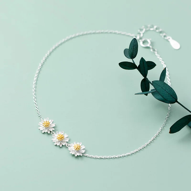 925 Silver Daisy Anklets Flowers Bracelets for Women Girls