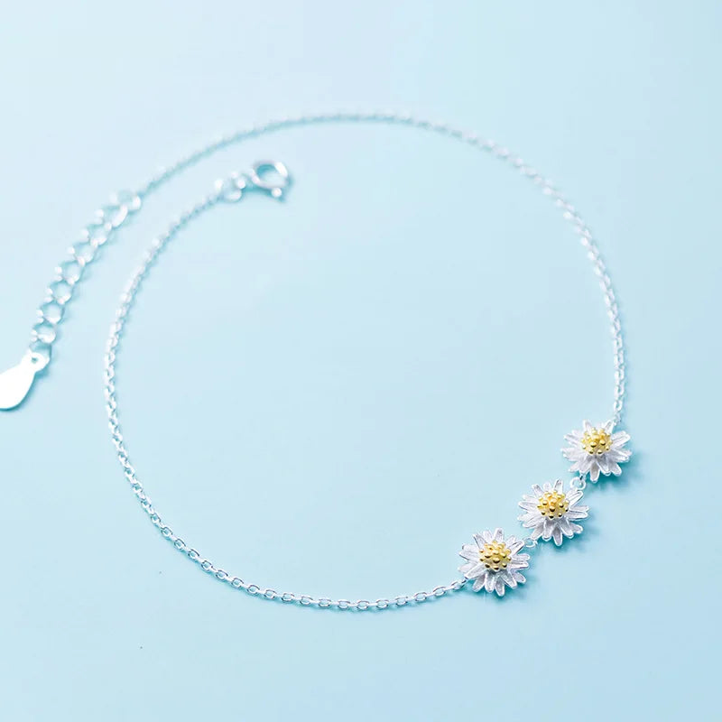 Daisy Flower Anklet Silver 925 Women Jewelry 21.5CM Adjustable