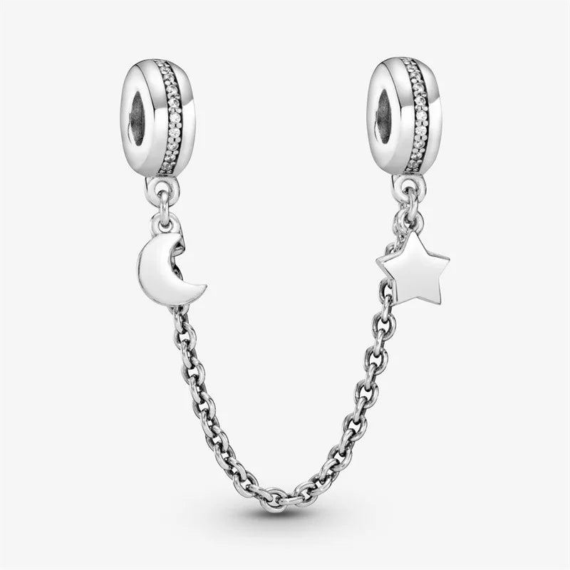 925 Silver Safety Chain with Moon Star Pendant DIY Bracelet
