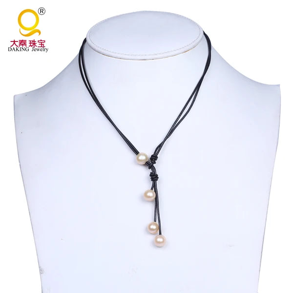 Daking Natural Pearl Necklace Leather Rope Choker Vintage Jewelry for Women
