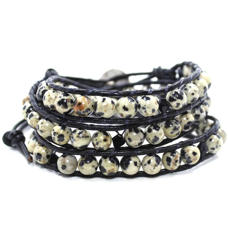 Dalmatian Stone Beaded Wrap Bracelet with Sparkling Crystal Beads