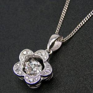Moving CZ Stone Flower Pendant Necklace 925 Silver Jewelry