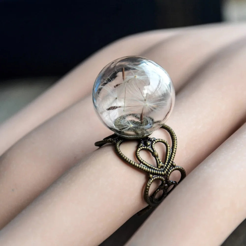 Dandelion Wish Glass Ball Copper Heart Ring Jewelry Vintage Boho