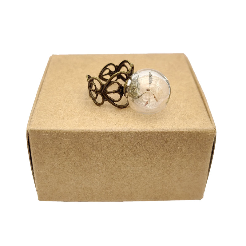 Dandelion Wish Glass Ball Copper Heart Ring Jewelry Vintage Boho