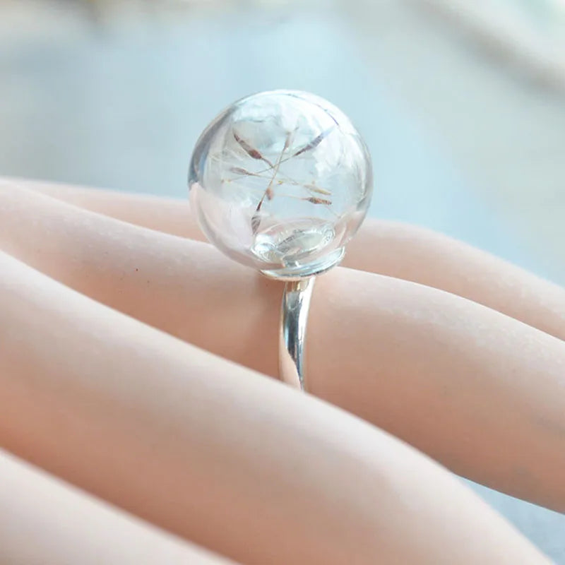 Dandelion Wish Real Flower Glass Ball Copper Wedding Rings For Women