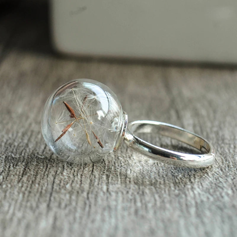 Dandelion Wish Real Flower Glass Ball Copper Wedding Rings For Women