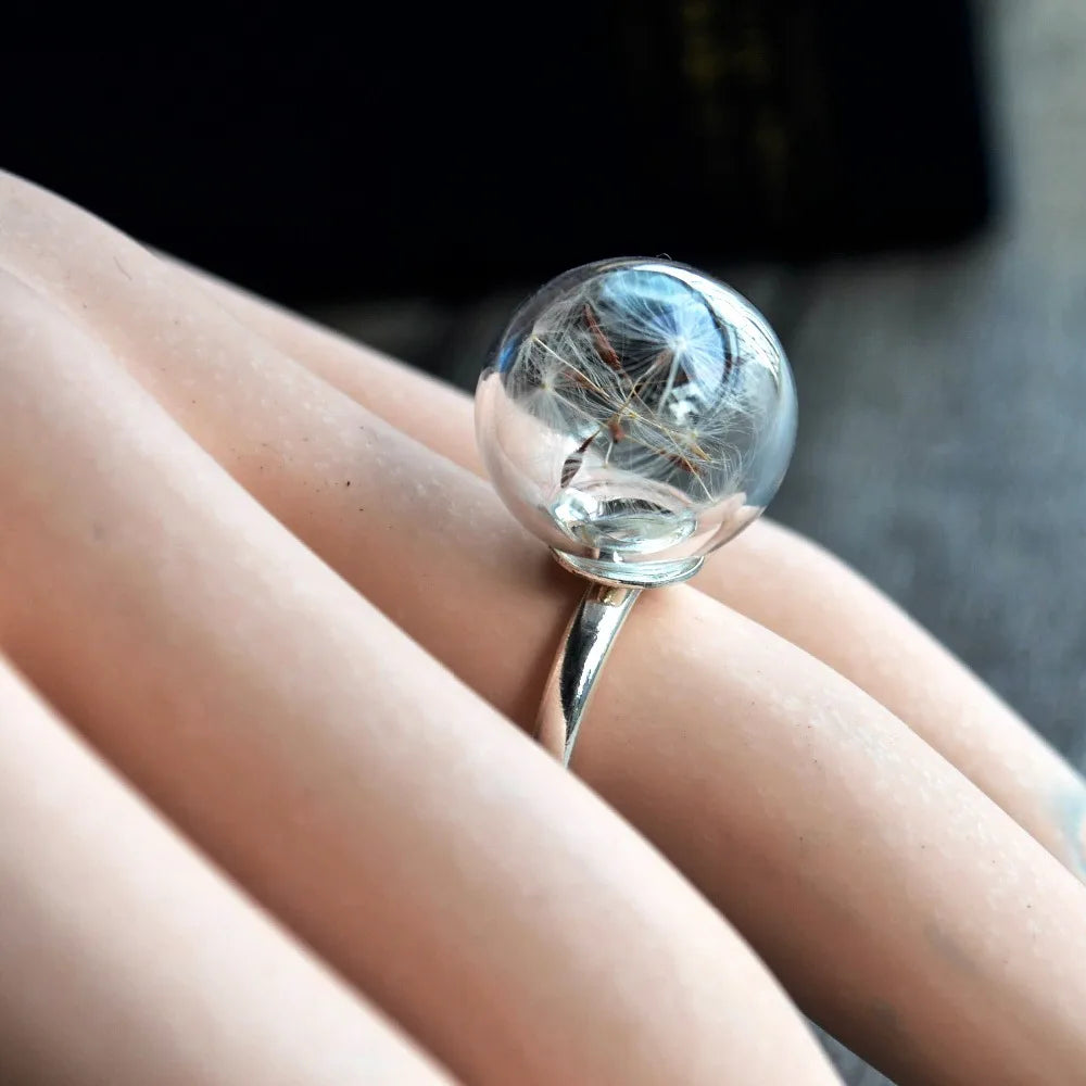 Dandelion Wish Real Flower Glass Ball Copper Wedding Rings For Women