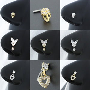 Butterfly Nose Ring 20G Surgical Steel CZ Heart Dangle Nose Stud