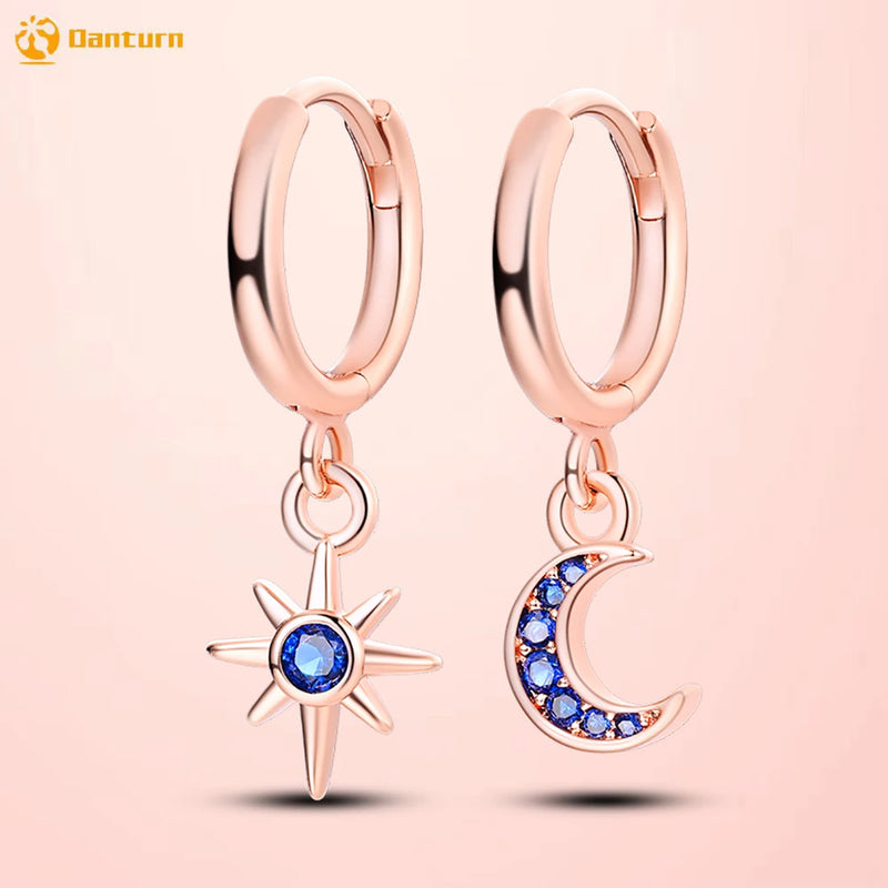 925 Silver Stud Earrings Rose Moon Star Hoop Earrings Women CZ Statement