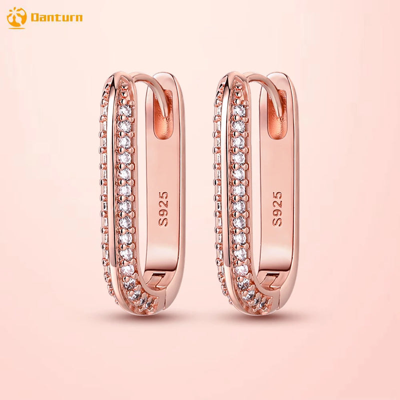 925 Silver Rose Gold Pav U-shaped Hoop Earrings
