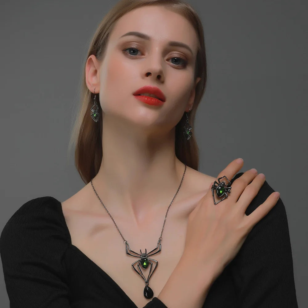 Vintage Spider Pendant Necklace Ring Earrings Set for Women Halloween Charm