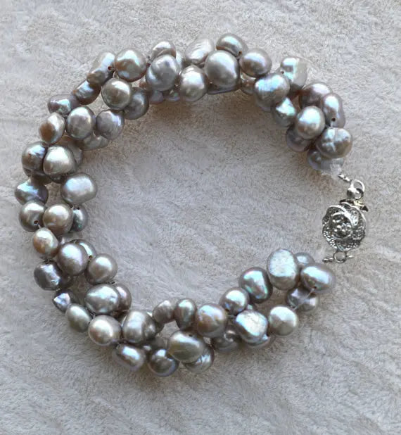 Dark Gray Pearl Bracelet, 7in, 6-7mm Twist Freshwater Pearl Bracelet