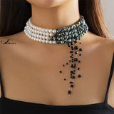 Y2K Dark Green Beads Tassel Choker Necklace
