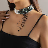 Y2K Dark Green Beads Tassel Choker Necklace