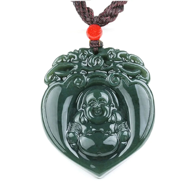 Dark Green Jade Pendant Buddha Jewelry Amulet with Chain