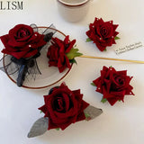 Dark Red Rose Hair Clip Retro High Sense Back Head Shark Clip Hair Accessories