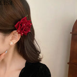 Dark Red Rose Hair Clip Retro High Sense Back Head Shark Clip Hair Accessories