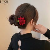 Dark Red Rose Hair Clip Retro High Sense Back Head Shark Clip Hair Accessories
