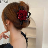 Dark Red Rose Hair Clip Retro High Sense Back Head Shark Clip Hair Accessories