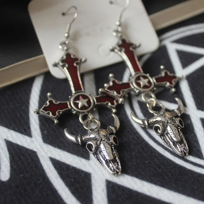Gothic Cross Earrings Halloween Gift Red Drop Sheepshead Pentagram