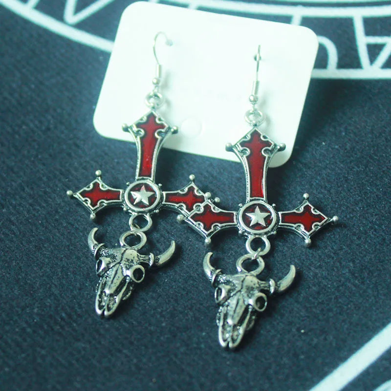 Gothic Cross Earrings Halloween Gift Red Drop Sheepshead Pentagram
