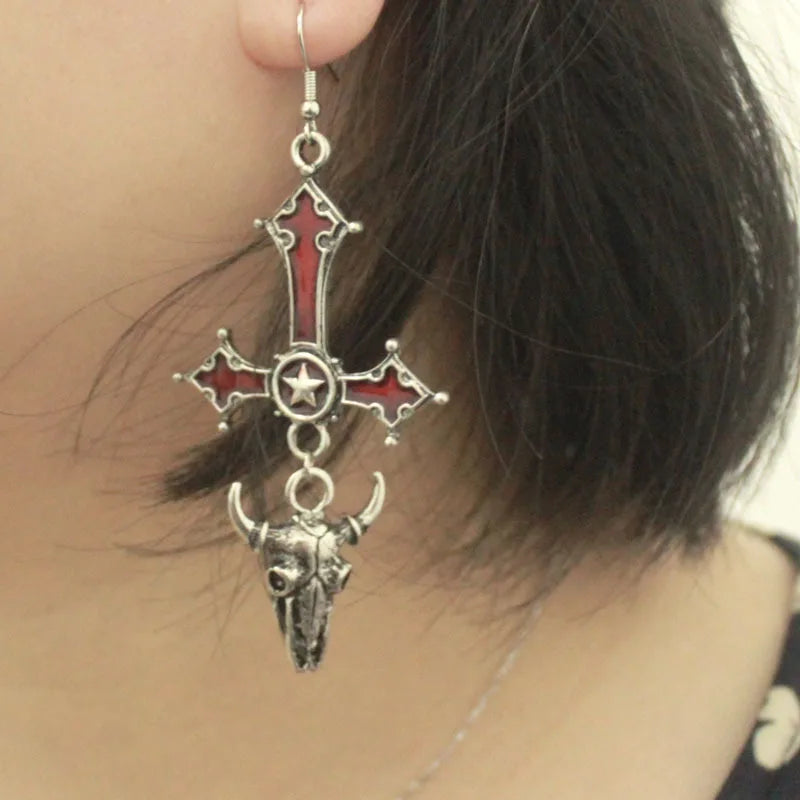 Gothic Cross Earrings Halloween Gift Red Drop Sheepshead Pentagram