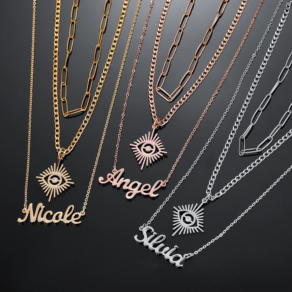 Vintage Angel Eyes Necklace Multi Layer Name Chain Nameplate Jewelry