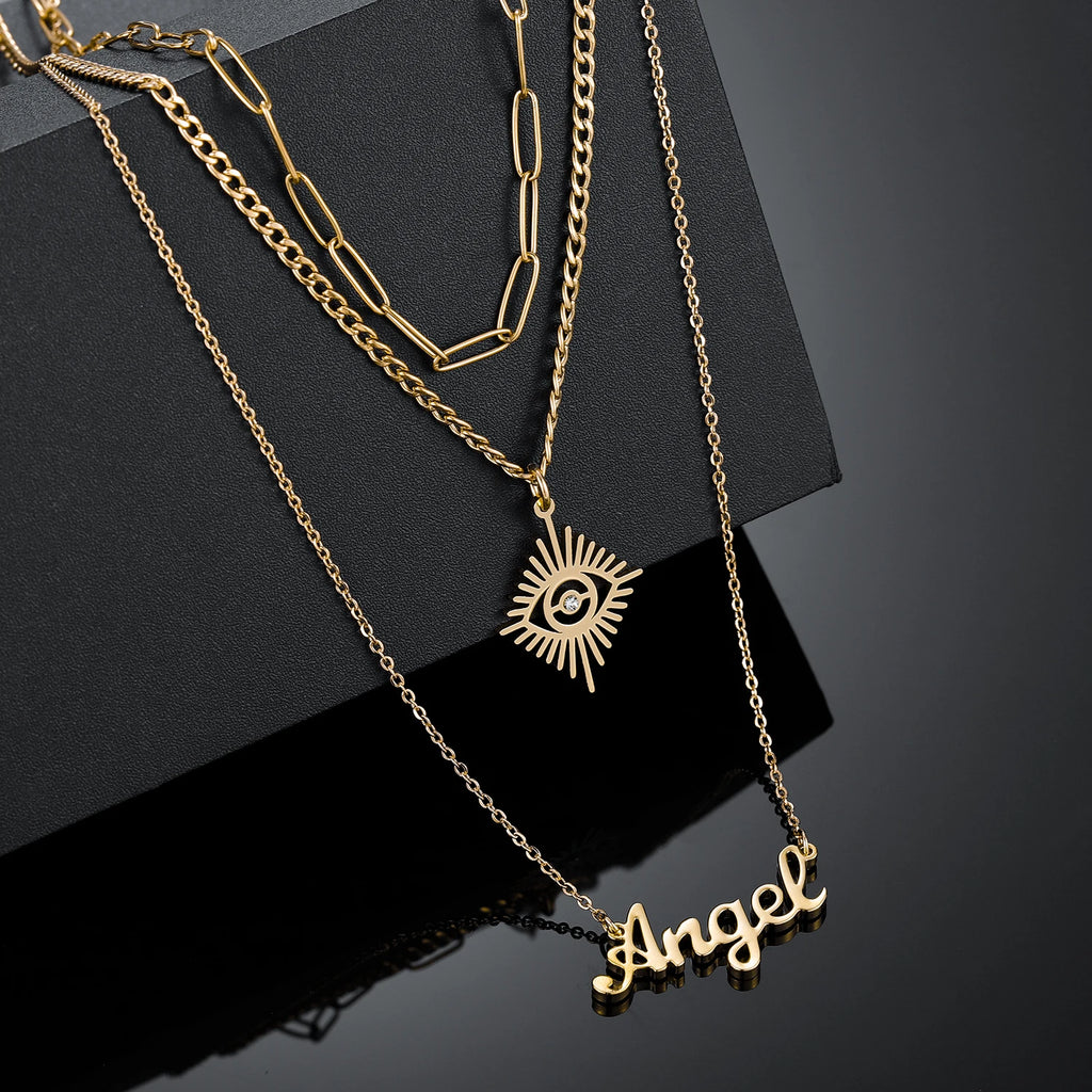 Vintage Angel Eyes Necklace Multi Layer Name Chain Nameplate Jewelry