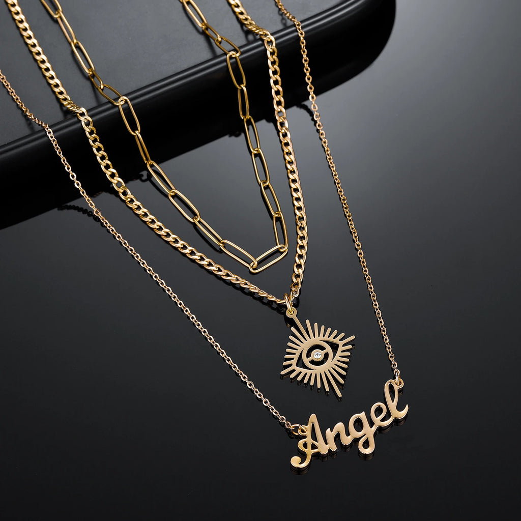 Vintage Angel Eyes Necklace Multi Layer Name Chain Nameplate Jewelry