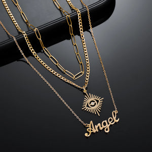 Vintage Angel Eyes Necklace Multi Layer Name Chain Nameplate Jewelry