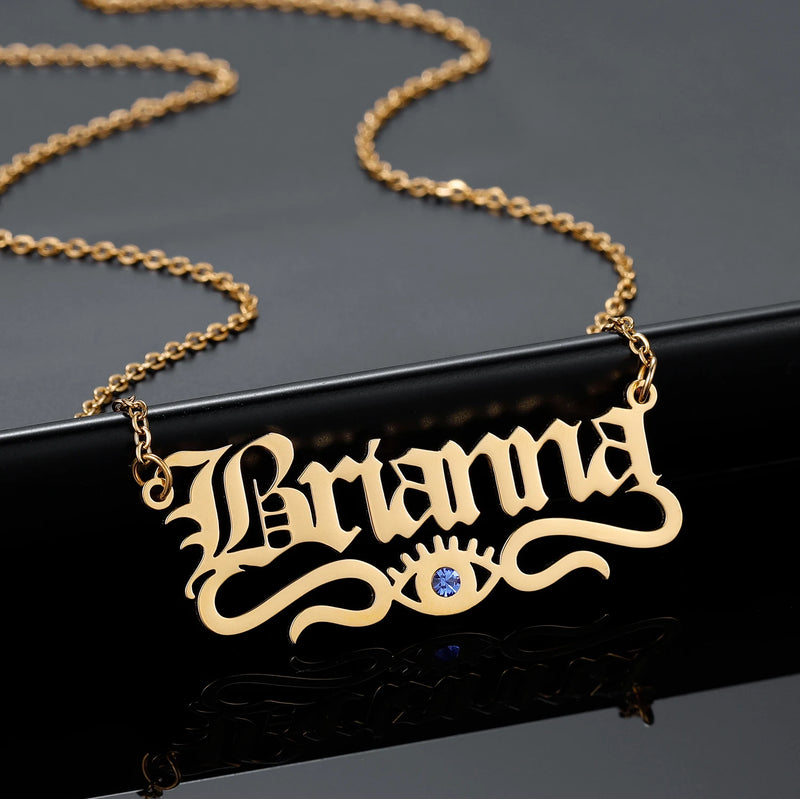 Old English Font Name Necklace With Evil Eye Stainless Steel Pendant