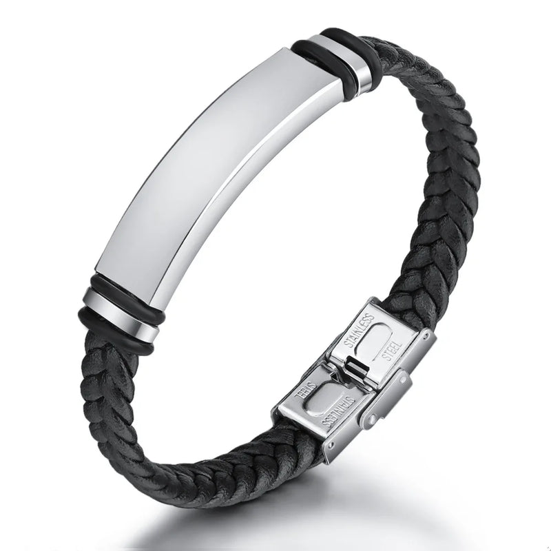 Engraved Stainless Steel Bracelet Leather Bangle Personalised