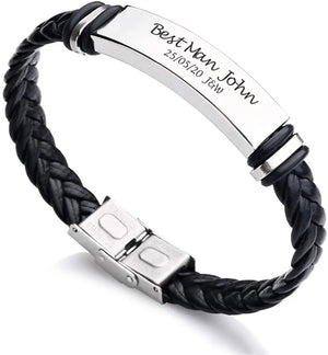 Engraved Stainless Steel Bracelet Leather Bangle Personalised